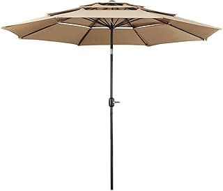 Yaheetech 3-Tier Patio Umbrella 10ft Vented Outdoor Canopy Sun Shade Large Market Table Umbrella Double-layer Cloth & Push-button Tilting for Yard/Garden/Park Tan
