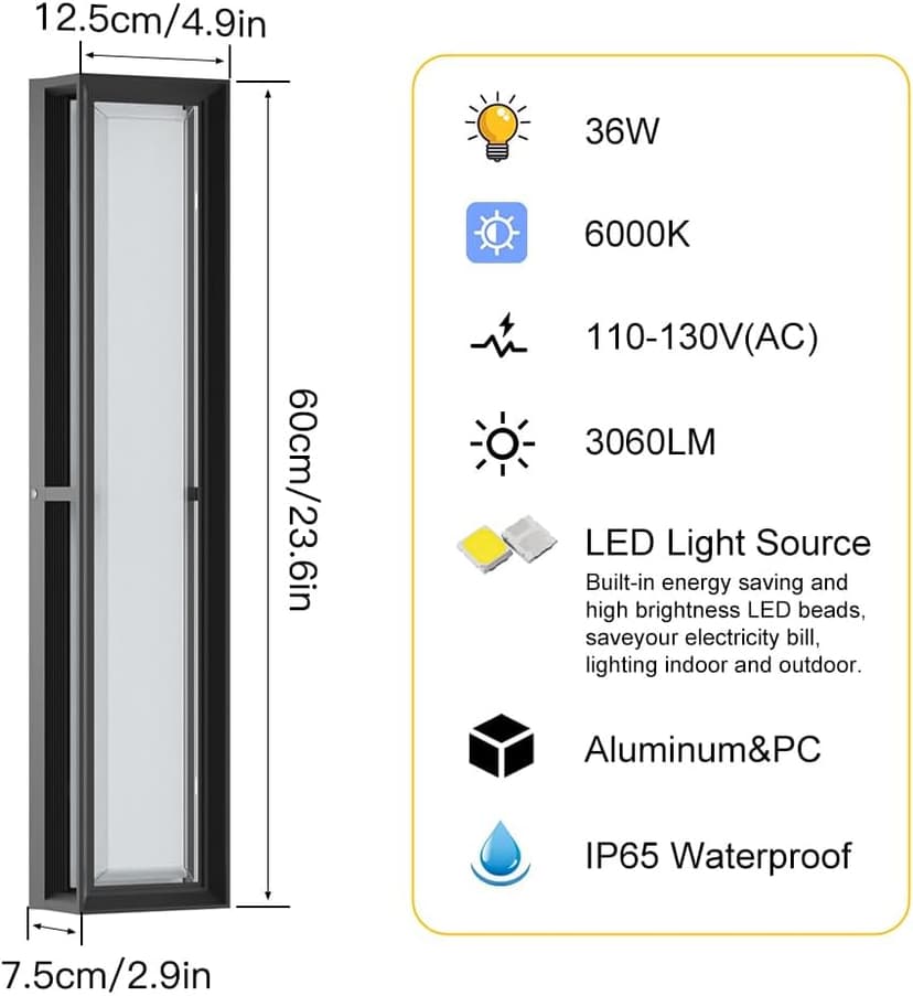 Outdoor Wall Sconce Lights,2Packs 10%-100% Dimmable LED Modern Porch & Patio Wall Light Fixture, 23.6in Black Exterior Sconce Wall Mounted Lights Suitable for Garage Courtyard House(6000K)