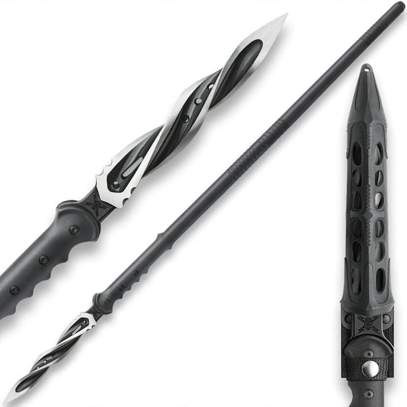 M48 Cyclone Spear with Vortec Sheath | Stainless Steel Blade | Three Spiraling Cutting Edges | Glass Fiber Reinforced Nylon Handle | Custom Vortec Sheath | Overall 48 7/8”