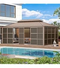 EROMMY 12' x 16' Sunroom, All-Season Gazebo Solarium with Sliding Doors, Lockable PC Screen Walls, Outdoor Permanent Sun Room with Galvanized Steel Roof, Aluminum Frame, for Garden, Patio, Deck