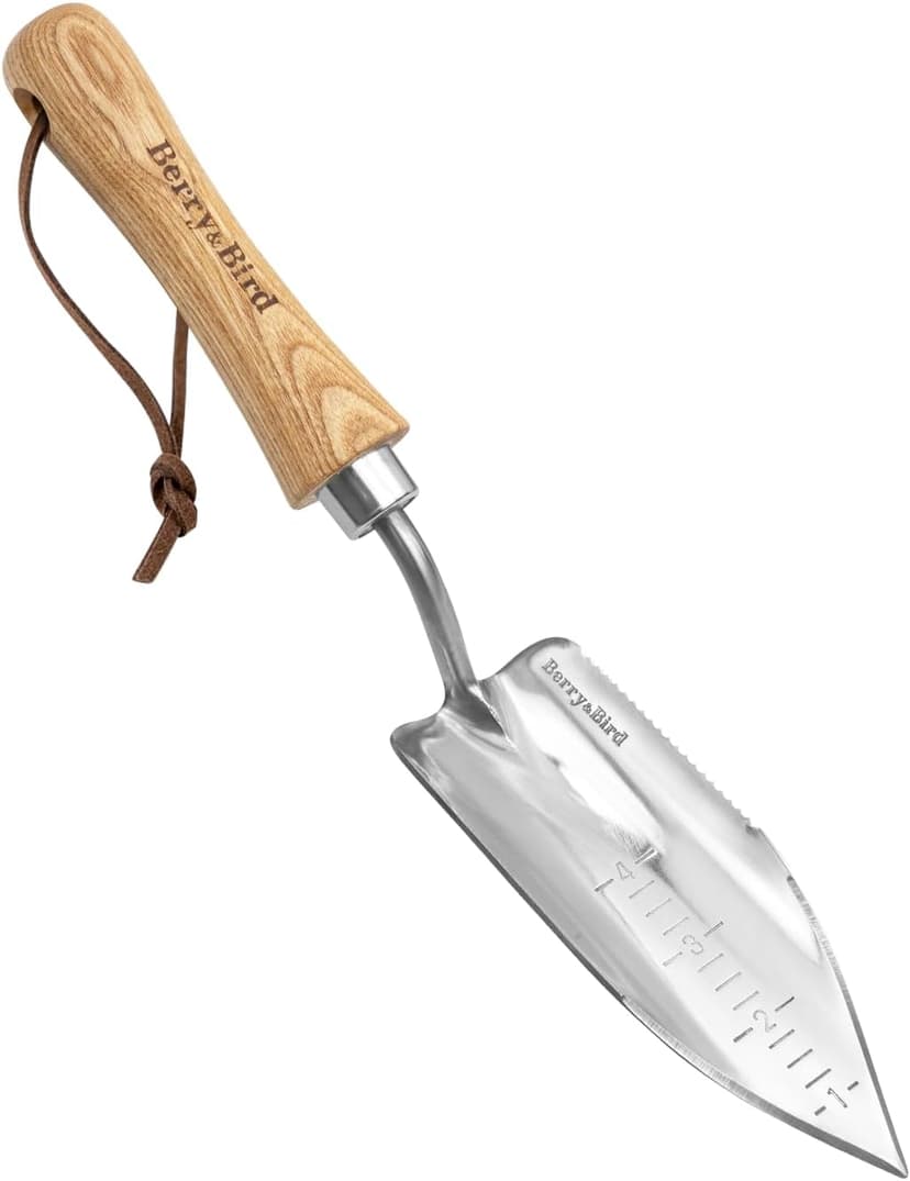 Potting Trowel, Stainless Steel Serrated Hand Shovel, Wood Handle Garden Trowel Tool with Measuring Scale for Effortless Digging,Roots，Planting, Cutting and Transplanting