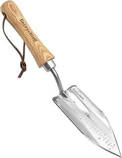 Potting Trowel, Stainless Steel Serrated Hand Shovel, Wood Handle Garden Trowel Tool with Measuring Scale for Effortless Digging,Roots，Planting, Cutting and Transplanting