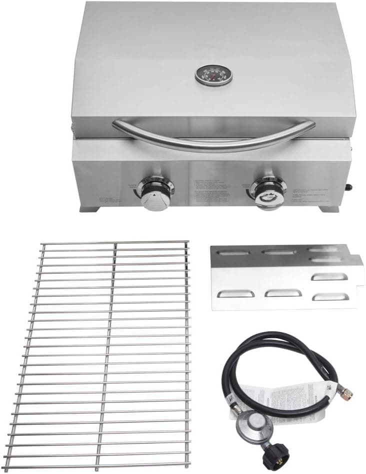 ROVSUN Portable Gas Grill with 2 Burner, 20,000BTU Large Tabletop Camping Propane Griddle for Outdoor Patio Garden BBQ Picnic Tailgating Trip Home Use with Stainless Steel Body, Regulator & Hose