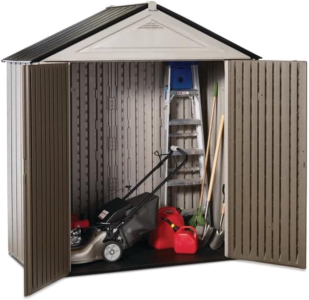 Rubbermaid Resin Outdoor Storage Shed With Floor (7 x 3.5 Ft.), Weather Resistant, Brown/Grey, Organization for Home/Lawn Mower/Backyard Equipment/Bike Storage/Pool Supplies