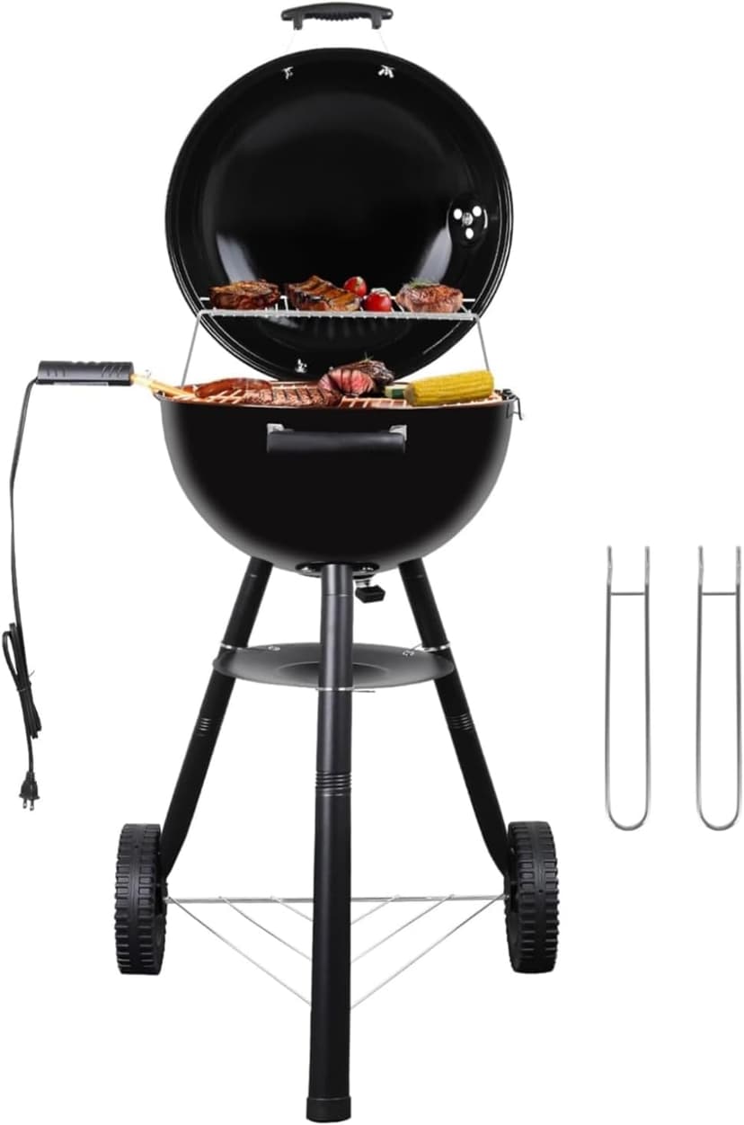 CUKOR 2 in 1 Electric Barbecue Grill，Electric & Charcoal Grill BBQ Grill Indoor Outdoor, Non-stick Porcelain-Enameled Lid and Wheels