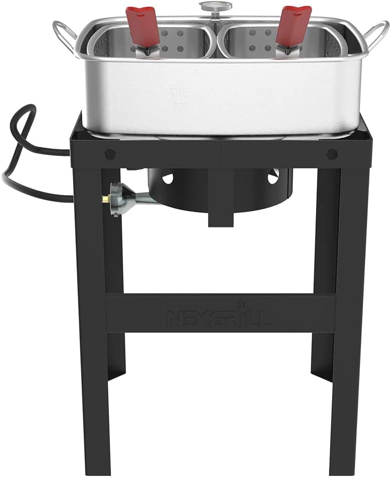 Nexgrill 18 Qt Aluminum Fish Fryer with Crawfish Boiler Pot & Double Strainer Basket for Poultry, Seafood, and More, 58,000 BTU Outdoor Deep Fryer, Welded Steel Stand & Included Thermometer - 840-0006