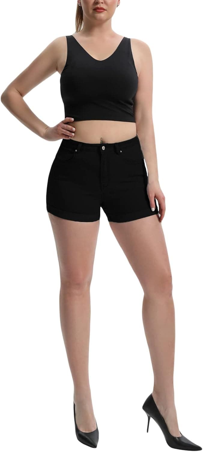 Romastory Women's High Waisted Summer Elastic Jean Shorts Folded Hem Hot Denim Shorts for Women