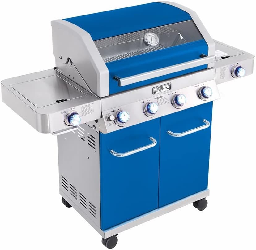 Monument Grills Larger 4-Burner Propane Gas Grills Stainless Steel Cabinet Style with Clearview® Lid, Knob Controls, Built-In Thermometer, Infrared Side Sear Burners & Side Burners, Blue