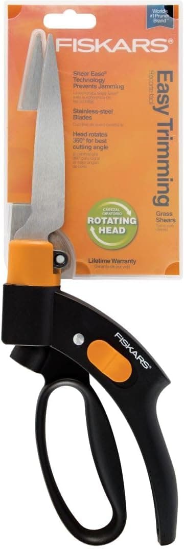 Fiskars Shear Ease Grass Shears - 5" Stainless Steel Blades - 360-Degree Swivel Blade Plant Cutting Scissors - Garden Shears and Grass Cutter, Black