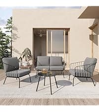 EAST OAK 4-Piece Patio Conversation Set, Waterproof Outdoor Furniture Set with Thick Cushion, Patio Furniture Set for 4, Woven Armrests Sofa and Coffee Table for Garden, Misty Grey