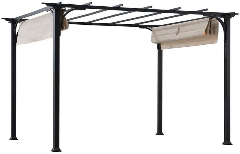 Sunjoy Outdoor Pergola 9 x 12 ft. Patio Black Steel Frame Pergola with Retractable Beige Canopy Shade for Backyard, Garden Activities