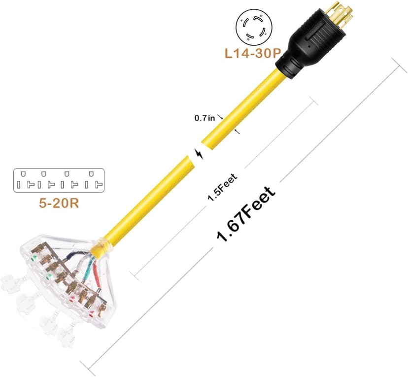 Heavy Duty L14-30P 30 Amp to 110 Generator Adapter Cord Distribution to 4X 5-20R 1.5 FT Household Outlet Female with Dust Protection Caps 125/250V 7500W STW 10AWG/4C ETL Listed