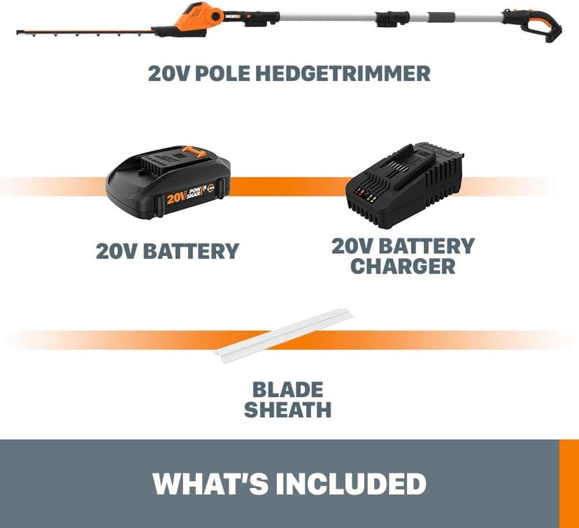 WORX WG252 20V 20" Cordless Hedge Trimmer, Reach Up to 12 Feet, Extended Pole, 180° Rotation Head, PowerShare – Battery & Charger Included