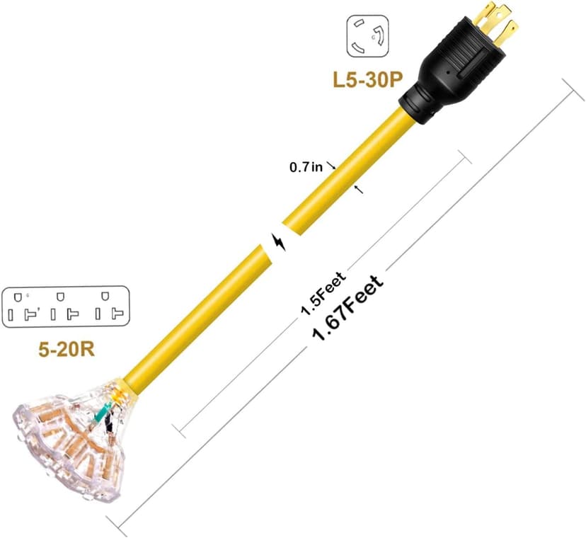 30 Amp to 15/20 Amp Generator Adapter - Locking Cord, Nema L5-30P Male to 3X 5-20R Female, 1.5 FT Household Outlet Female