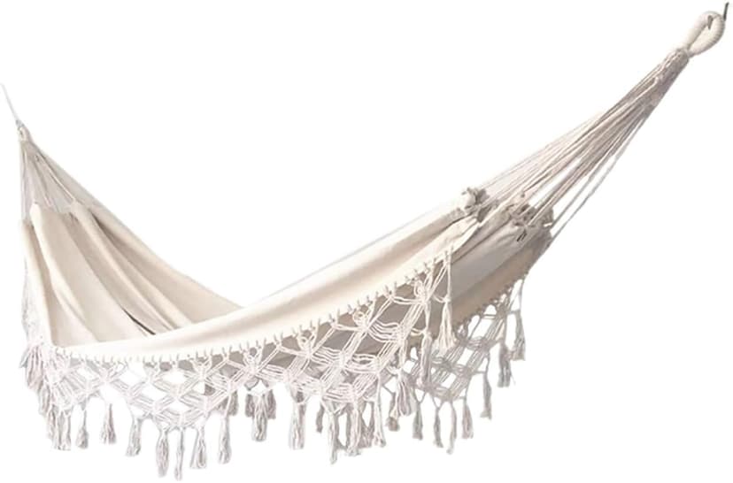 Xuanmuque Double Sized Boho Macrame Cream Hammock with Elegant Tassels and Fishtail Knitting 485Lbs Includes Tie Ropes and White Drawstring Bag for Women