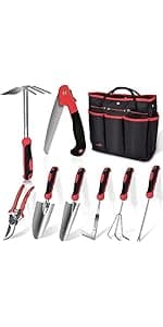 Garden Tool Set, WisaKey 9 Piece Stainless Steel Heavy Duty Green Gardening Tools with Non-Slip Ergonomic Handle, Durable Garden Tool Bag, Ideal Gardening Hand Tools, Gardening Gifts for Women and Men