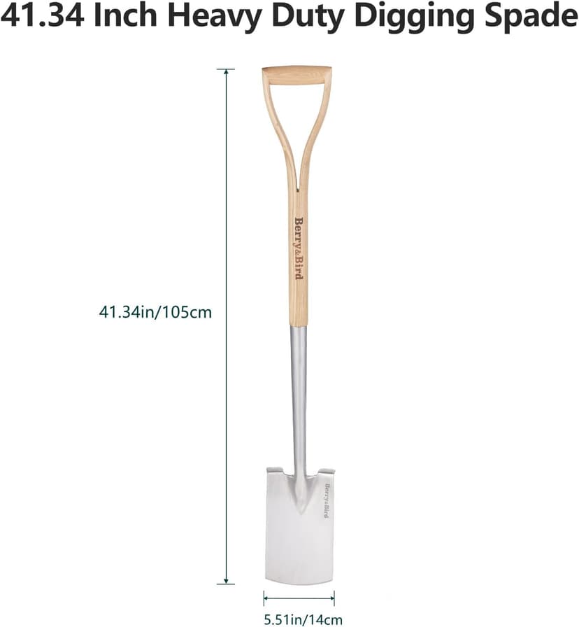 Garden Digging Spade, 41" Stainless Steel Square Border Spade, Heavy Duty European Shovel with D-Grip Handle, Traditional English Style Flat Shovel for Digging, Yard Work, Transplanting