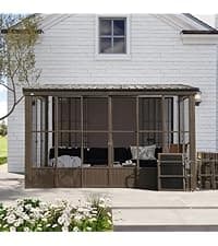 Domi 10'x12' Wall Mounted Sunroom Kit, Small Patio Solarium All Season, Aluminum Enclosed Gazebo with Galvanized Steel Roof, 2 Sliding Doors, Removable PVC Screen, Lean to Sun Room for Backyard, Deck