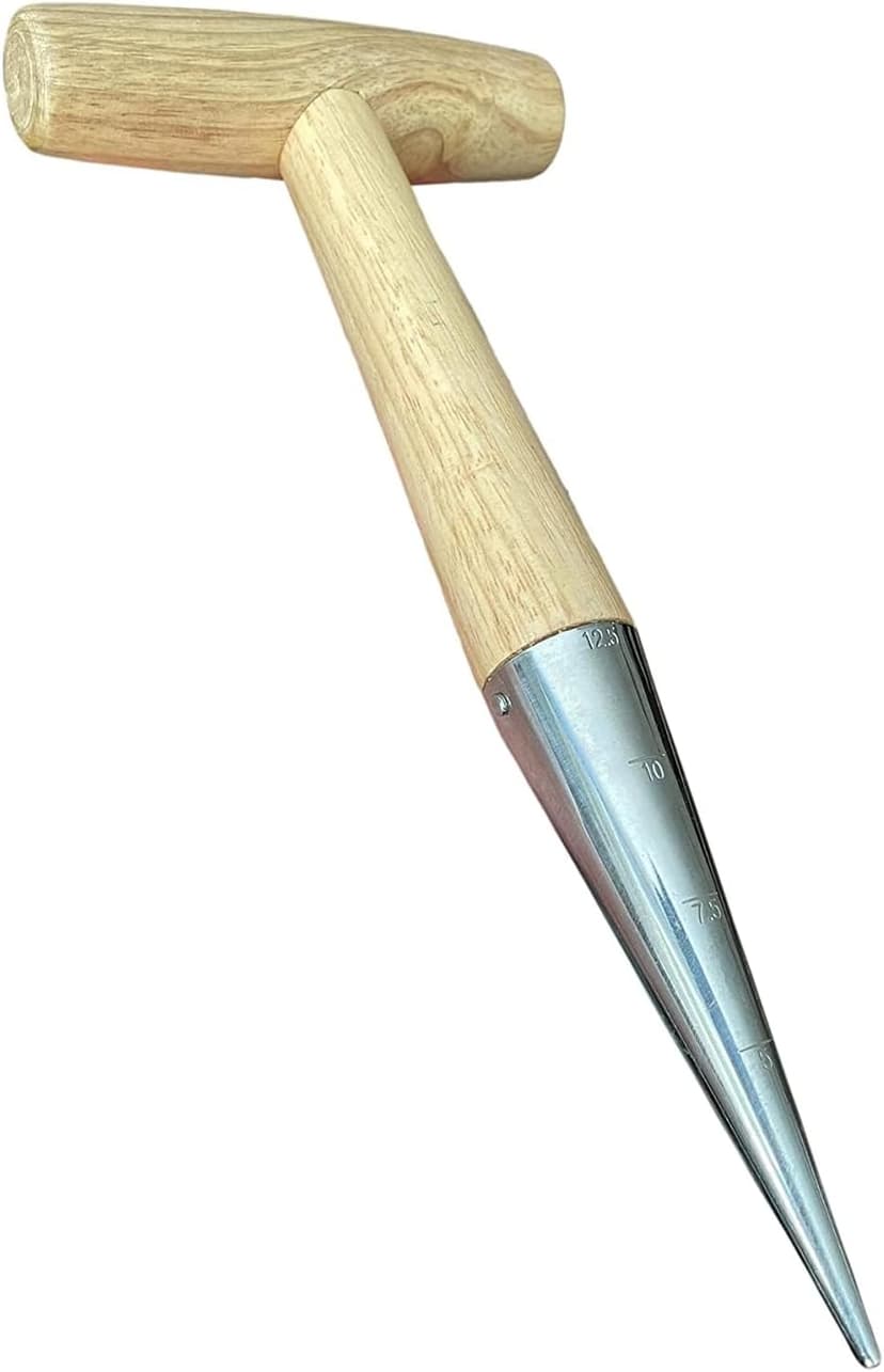 Garden Guru Steel Dibber Planter Tool for Planting Seeds & Bulbs - High Carbon Steel & Comfortable Wood Carved Handle - for Consistent Planting Flowers Tulips, Daffodils, Dahlias