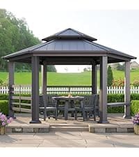 AMERLIFE 10x12 Solid Wood Gazebo, Hardtop Gazebo with Solid Spruce Frame and Aluminum Double Roof, Outdoor Pergola for Parties, Backyard, Patio, Lawns, Black + Natura Wood