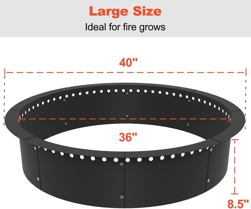 Koutemie Outdoor Smokeless Fire Pit Ring Liner 40-Inch Outer/36-Inch Inner Diameter, Heavy Duty Solid Metal Steel Round Firepit Rim Insert for Outside DIY Campfire Ring Above or In-Ground, Black