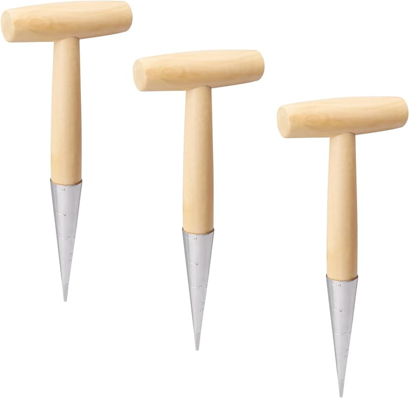 3 PCS 11 Inch Hand Dibber with Wooden Handle - Hand Held Bulb Planter, Essential Dibber Gardening Tool for Planting and Bulb Transplanting