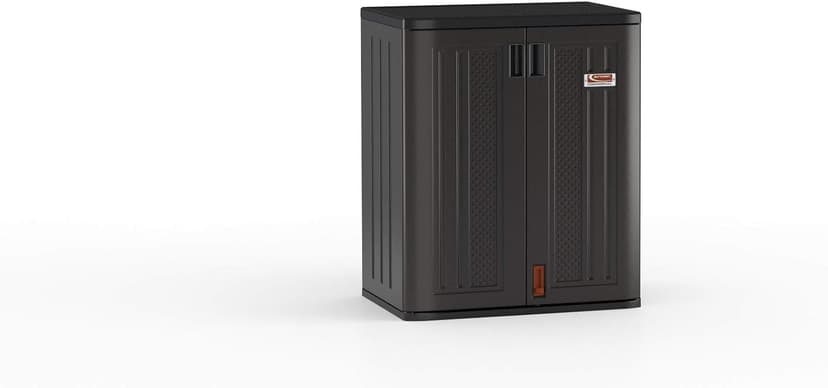 Suncast Commercial Heavy-Duty 9 Cubic Ft. Resin Storage Cabinet with Lockable Handles, Adjustable Metal-Reinforced Shelves for Garage or Workspace, Black, Made in The USA