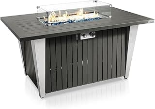 Outdoor Propane Fire Pit Table - CSA/ETL Certified 50,000 BTU Pulse Ignition Weatherproof Rectangle Propane Gas Fire Table w/Adjustable Flame - Glass Rocks Wind Guard, Black - SereneLife SLFPSX55