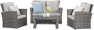 Wisteria Lane 4 Piece Outdoor Patio Furniture Sets, Wicker Conversation Set for Porch Deck, Gray Rattan Sofa Chair with Cushion