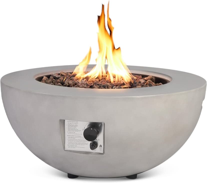 Outdoor Propane Fire Pit Table - 31.5 Inch Concrete Round Fire Table Bowl 50,000 BTU Gas FirePit Burner with Steel Lid, Lava Rocks, Rain Cover for Outside Patio, Backyard, Party