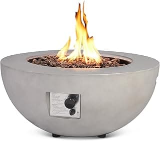Outdoor Propane Fire Pit Table - 31.5 Inch Concrete Round Fire Table Bowl 50,000 BTU Gas FirePit Burner with Steel Lid, Lava Rocks, Rain Cover for Outside Patio, Backyard, Party