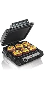 Hamilton Beach Electric Indoor Searing Grill with Adjustable Temperature Control to 450F, 118 sq. in. Surface Serves 6, PFAS-Free Removable Nonstick Grate, Stainless Steel (25360)