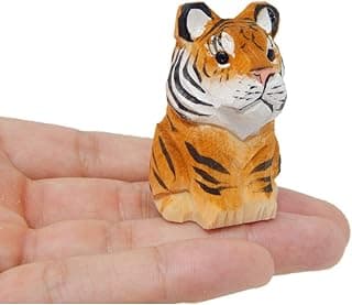 Hand-Carved Tiger Figurine - Miniature Wooden Bengal Cat Statue, Striped CWildlife Sculpture, Handmade Animal Decor & Collectible Gift