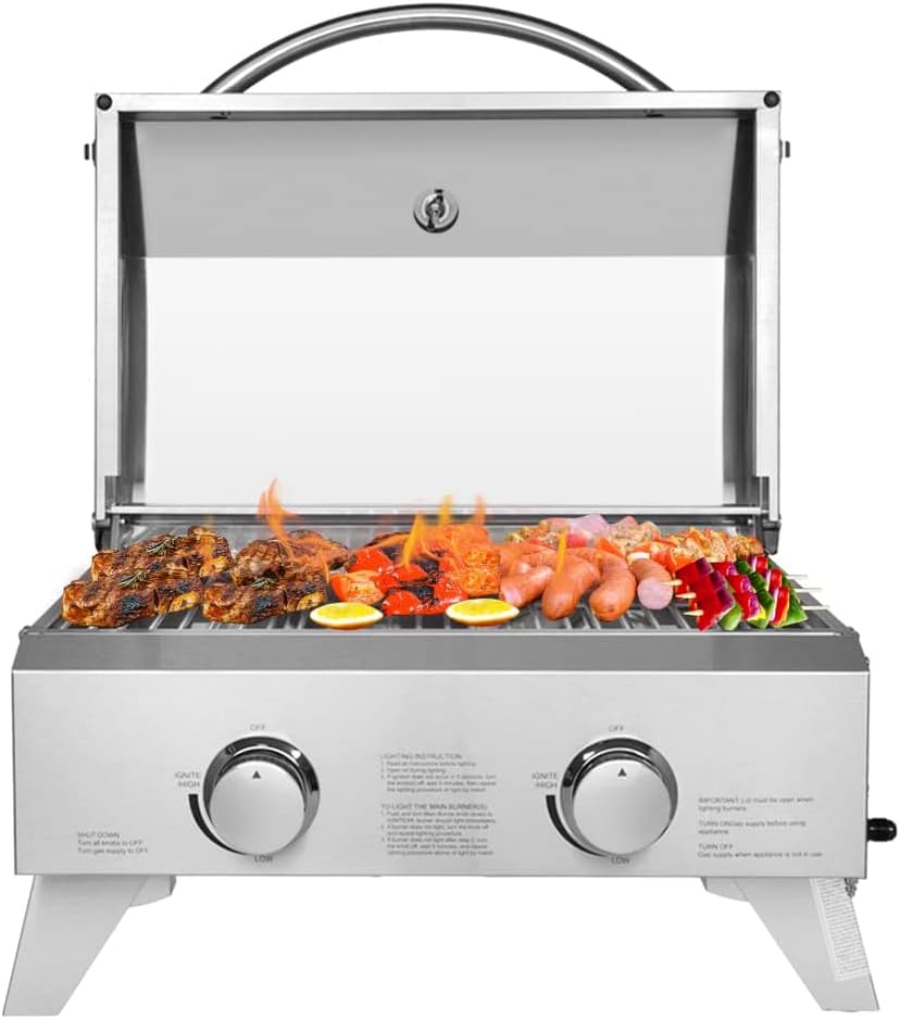 ROVSUN Portable Gas Grill with 2 Burner, 20,000BTU Large Tabletop Camping Propane Griddle for Outdoor Patio Garden BBQ Picnic Tailgating Trip Home Use with Stainless Steel Body, Regulator & Hose