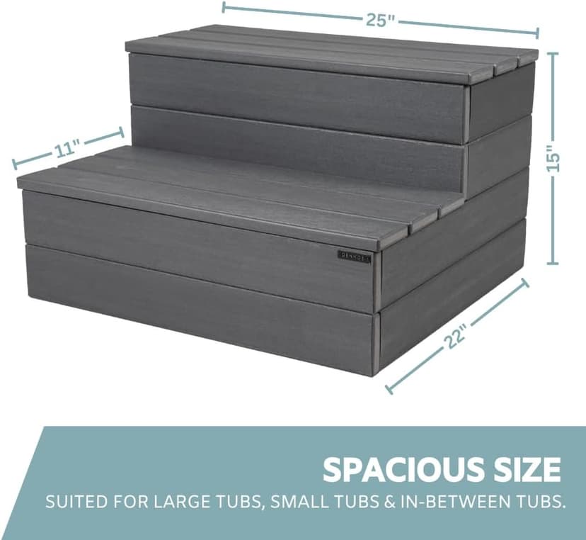 Hot Tub Steps - Wood-Looking Plastic, 100% Waterproof, Gray Non-Slip, Heavy Duty Outdoor Spa Stairs - Multi-Use for Porch, Fits Any Size