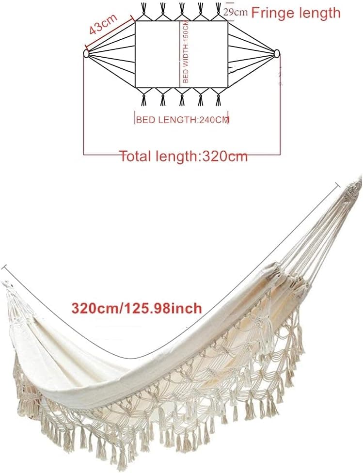 Hammock Brazilian Double Hammocks Soft Comfortable Fabric Cotton Canvas Hanging Portable Two Person Hammock Boho Fringe Large for Adults Backyard Travel