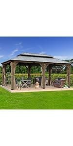 CHARMELEON 10'x12' Wood Gazebo,Patio Cedar Wood Gazebo with Mosquito Netting and Curtains, Galvanized Steel Hardtop Pavilion for Outdoor, Garden, Deck
