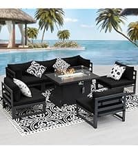 NICESOUL Modern Aluminum Outdoor Furniture Set with Propane/Gas Fire Pit, 29" Deep Seat Wide All Weather Outdoor Conversation Set, 7 Piece L-Shaped Modular Sectional Sofa for Poolside, Dark Gray