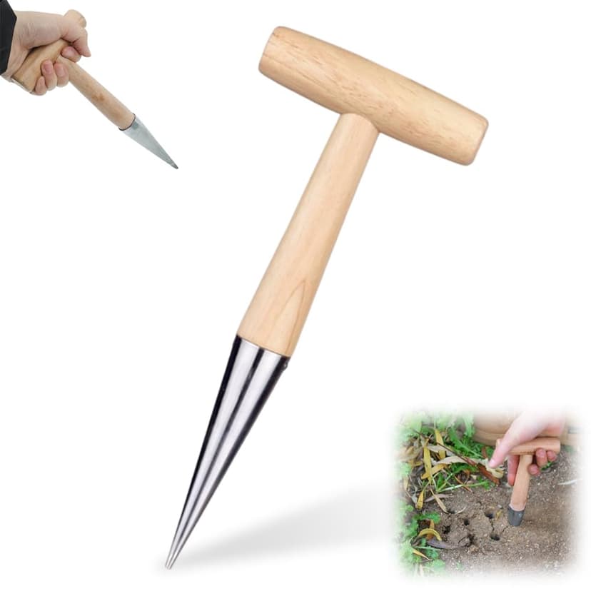 Plant Hole Digger for Planting, Seed Dibber Garden Tool, Hand Dibbler Seed Planter Tool,Bulb Planter Tool, Seeds Transplanting Plants Planting Bulbs, T Wooden Handle - Easy to Drill Holes (3PCS)