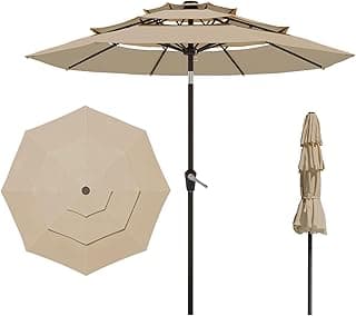 9FT 3 Tiers Patio Umbrella with Push Button Tilt/Crank, Outdoor Market Umbrella with 8 Sturdy Ribs for Garden, Lawn, Deck, Backyard and Pool (Beige)