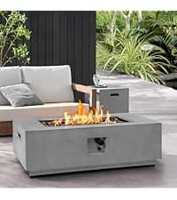 2-Piece Outdoor Propane Fire Pit Table Set w/Tank Cover Table, 31.5-inch 50,000 BTU CSA Certification Bowl Concrete Firepit SUS201 Round Burner with Steel Lid, Lava Rocks, Rain Cover…