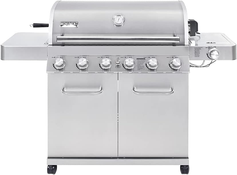 Monument Grills 77352 6-Burner Stainless Steel Cabinet Style Propane Gas Grill with Knob Controls, Side Burner, Built-In Thermometer, and Rotisserie Kit