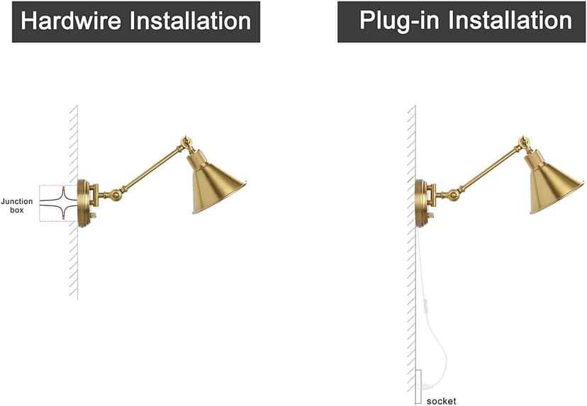 TRLIFE Wall Sconce Plug in, Dimmable Wall Sconces Set of 2 Wall Lights with Plug in Cord and Dimmer On/Off Knob Switch, Brushed Brass Swing Arm Wall Light, UL Listed(2 Pack, 2 Bulbs)