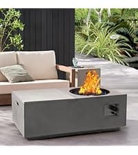 2-Piece Outdoor Propane Fire Pit Table Set w/Tank Cover Table, 31.5-inch 50,000 BTU CSA Certification Bowl Concrete Firepit SUS201 Round Burner with Steel Lid, Lava Rocks, Rain Cover…