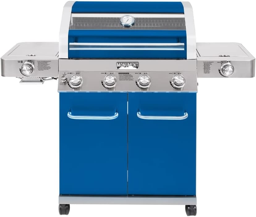 Monument Grills Larger 4-Burner Propane Gas Grills Stainless Steel Cabinet Style with Clearview® Lid, Knob Controls, Built-In Thermometer, Infrared Side Sear Burners & Side Burners, Blue