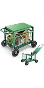 FLINTER Rolling Garden Work Seat with Wheels, Heavy Duty Gardenning Cart with Seat - Garden Rolling Cart Stools w/Wheels for Seniors