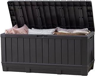 Keter Kentwood 92 Gallon Resin Deck Box-Organization and Storage for Patio Furniture Outdoor Cushions, Throw Pillows, Garden Tools and Pool Floats, Dark Grey