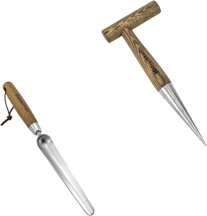 Hand Dibber with 5 inches Measuring Scale, Easy to Grip L-Shaped Wood Handle Dibbler, Seeding Widger, Stainless Steel Garden Planting Trowel for Repotting, Long and Narrow Widger for Planting, Weeding