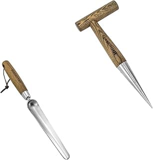 Hand Dibber with 5 inches Measuring Scale, Easy to Grip L-Shaped Wood Handle Dibbler, Seeding Widger, Stainless Steel Garden Planting Trowel for Repotting, Long and Narrow Widger for Planting, Weeding