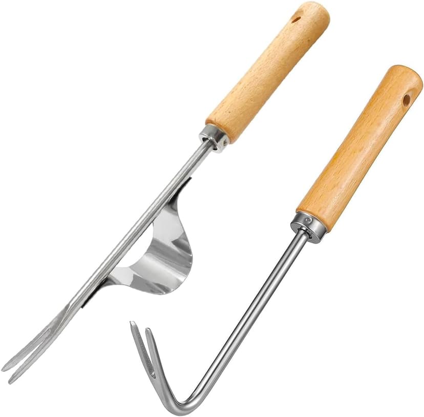 Hand Dibber, Stainless Steel Sow Dibbler with Wood Handle, Garden Hole Punch Dibbler Tool for Planting Seeds & Bulbs (Medium Log Color Hooked)